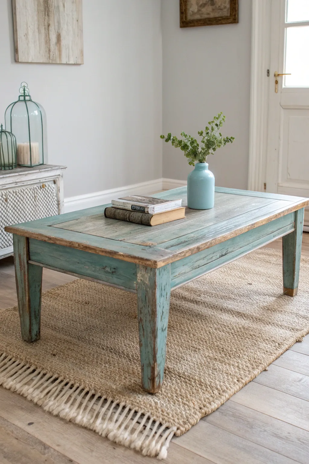 Waxed, timeworn coffee table glow with minimal boho touches for effortless shabby chic style