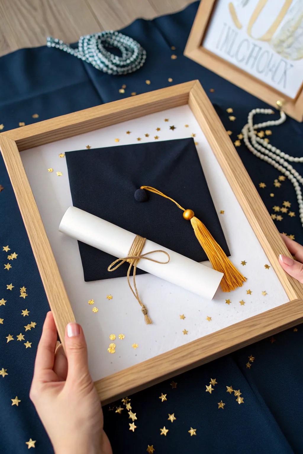 A chic graduation shadow box with cap, tassel, and diploma layers in bold school colors.