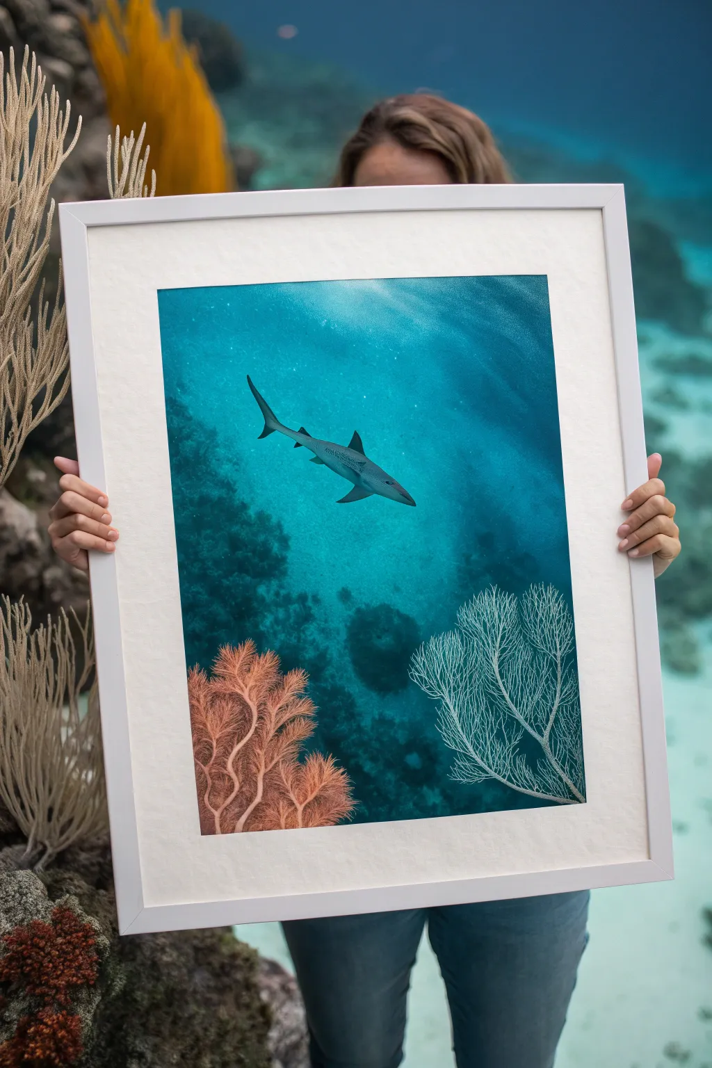 Minimal shark painting framed by coral corners, bold teal water and warm reef tones, clean and calm.