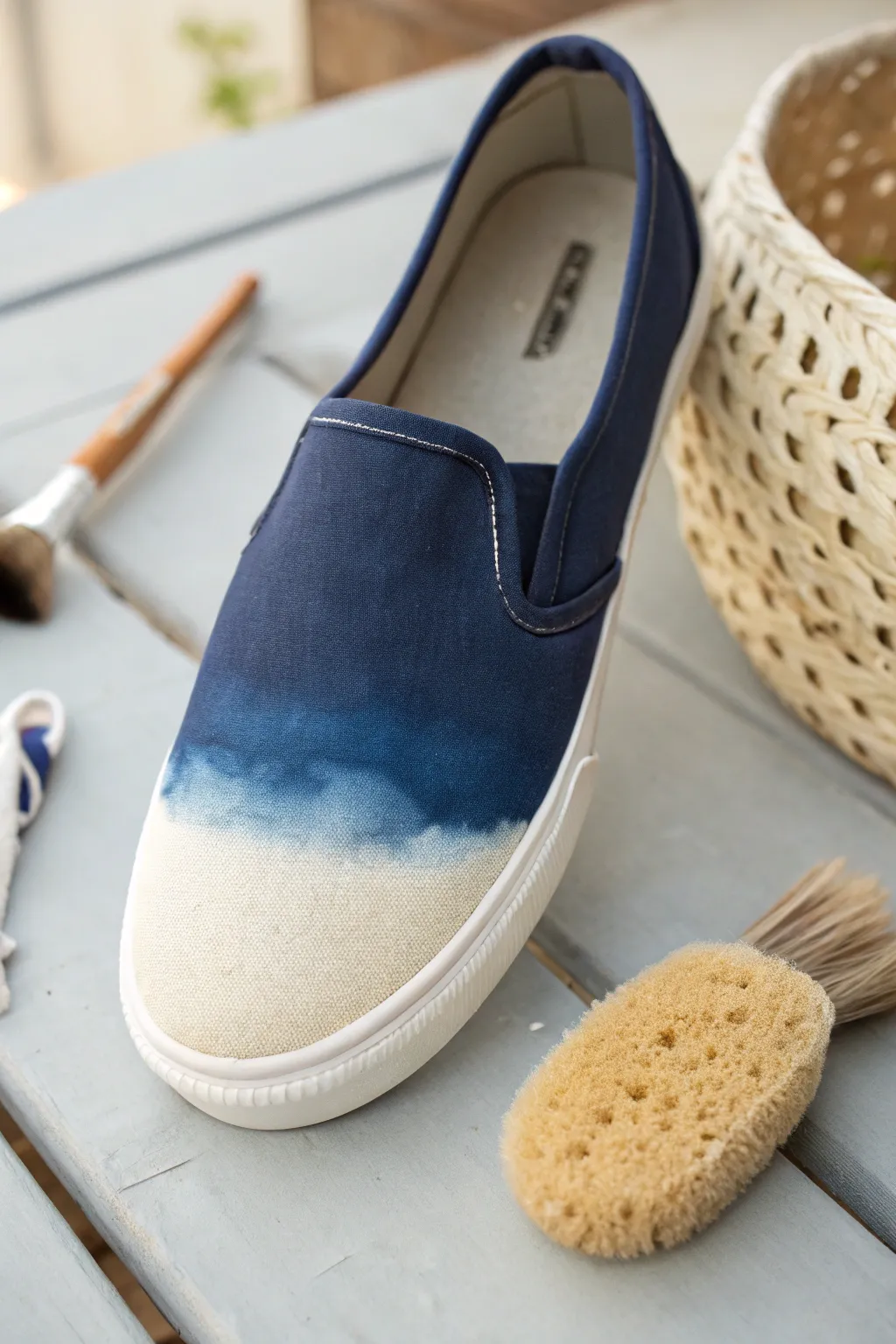 Smooth ombre shoe art: deep indigo toe fading to a soft sand heel with blended texture