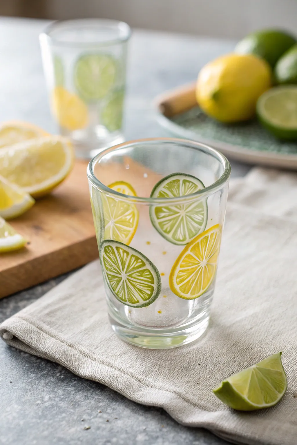 Citrus slice shot glass painting for a fresh, minimal bar cart vibe with bold color pops