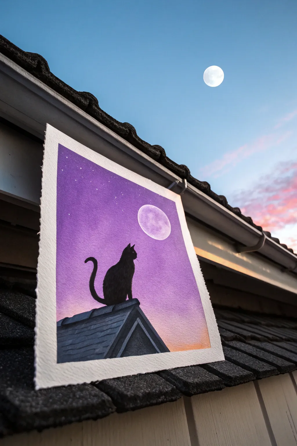 Cat silhouette on a rooftop against an indigo-to-violet moonlit sky, bold contrast, calm Nordic mood.