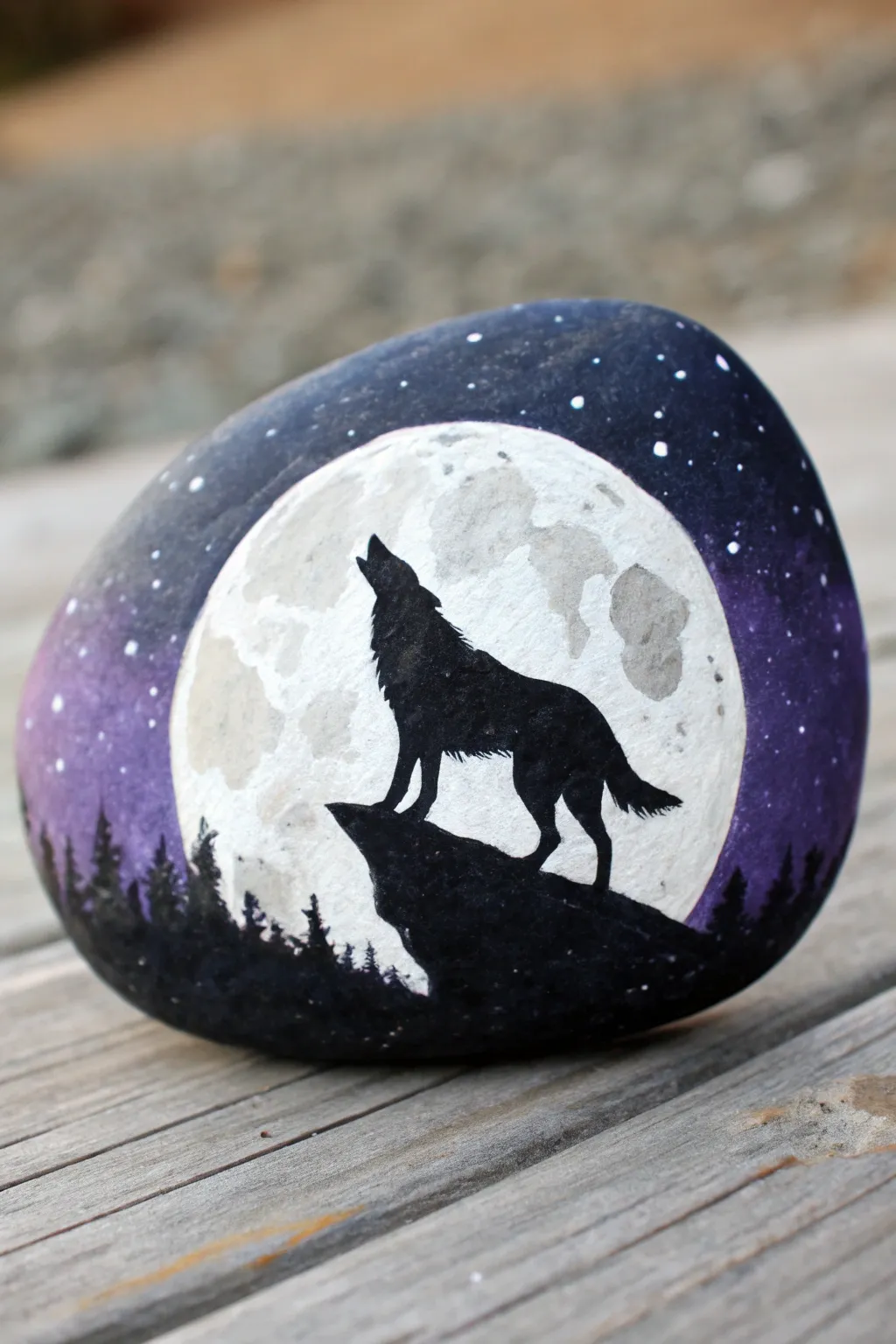 Moody galaxy rock: a bold wolf silhouette howling beneath a glowing full moon