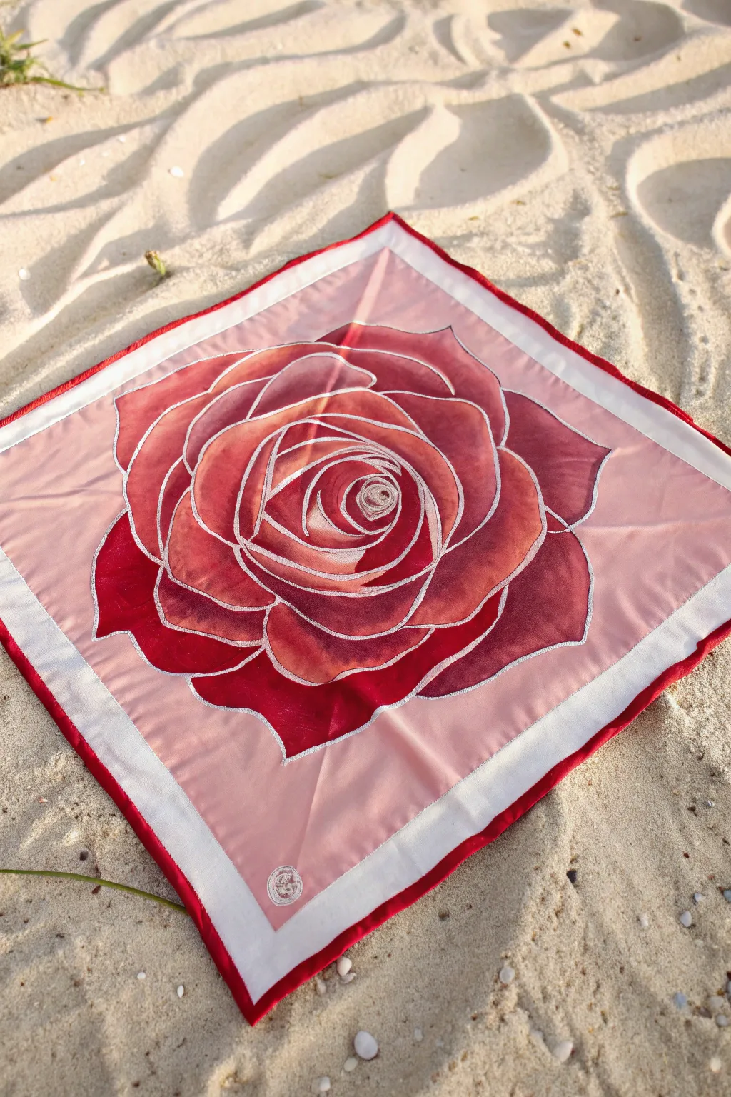 Simple silk-painted rose with ombré petals and crisp resist lines, minimalist yet bold.