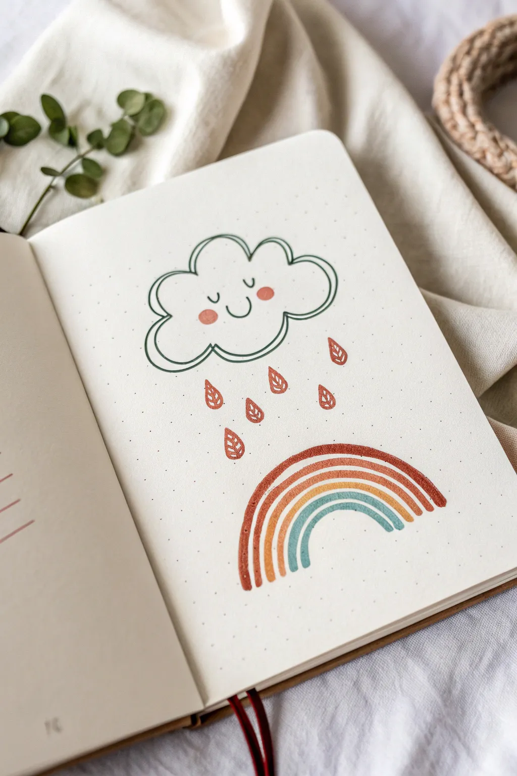 Simple smiling cloud with tiny raindrops and a mini rainbow in a clean Scandinavian boho style.