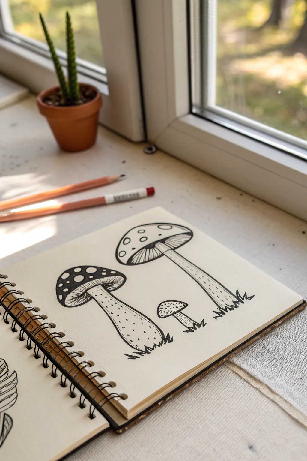 Little mushroom cap doodles in bold outlines, minimalist and cute, perfect for simple sketch practice