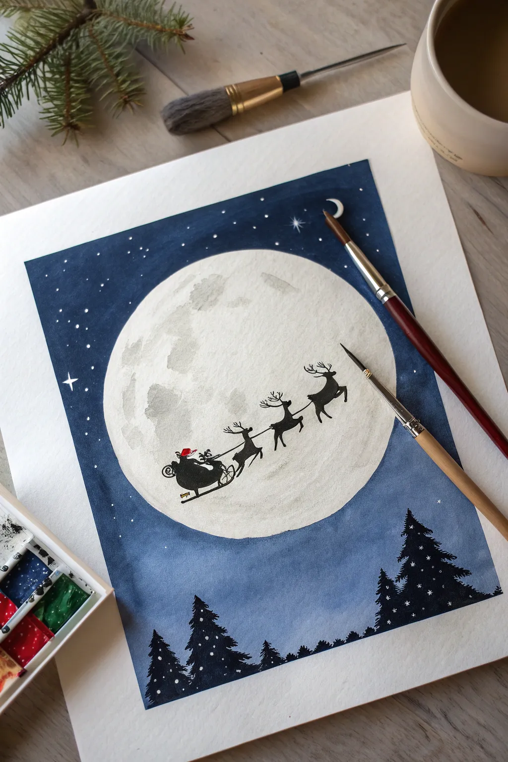 Minimal Santa sleigh silhouette gliding across a pale moon for an easy, elegant Christmas painting.
