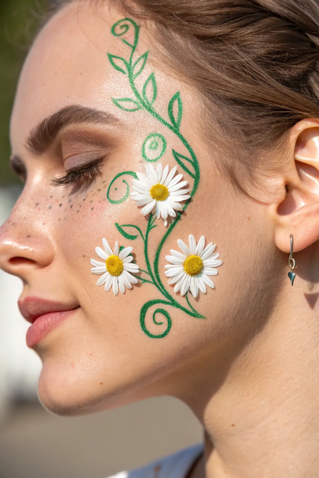Achieve a fresh boho look with this simple daisy chain face paint idea. Minimalist, beautiful, and easy to recreate.