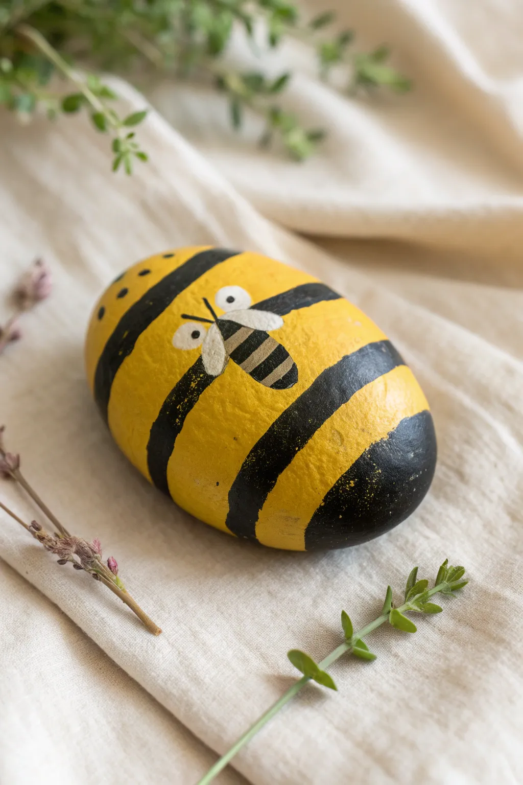 Bumblebee stripe rock with tiny white wings, styled simply with greenery for summer vibes.