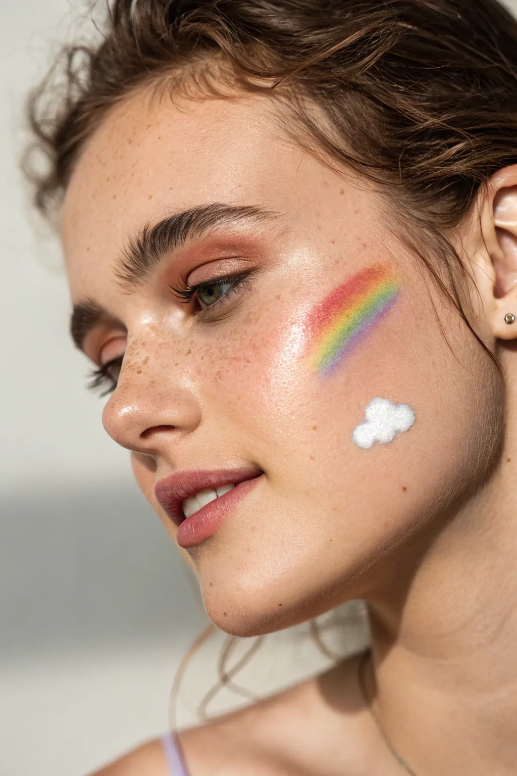 Rainbow cheek swipe with tiny cloud puffs, a quick sponge-painted look that feels dreamy and clean