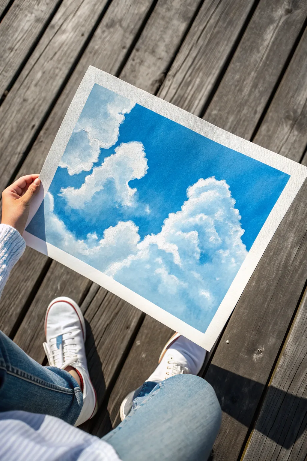 Soft-dabbed clouds on a bold blue sky, a minimalist painting idea that feels calm and doable.