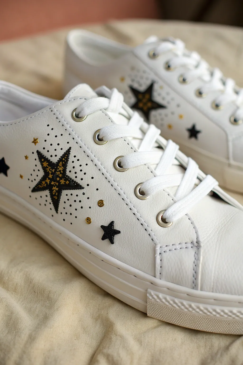 Tiny starbursts and gold sparkle dots turn a plain toe cap into an easy painted accent.