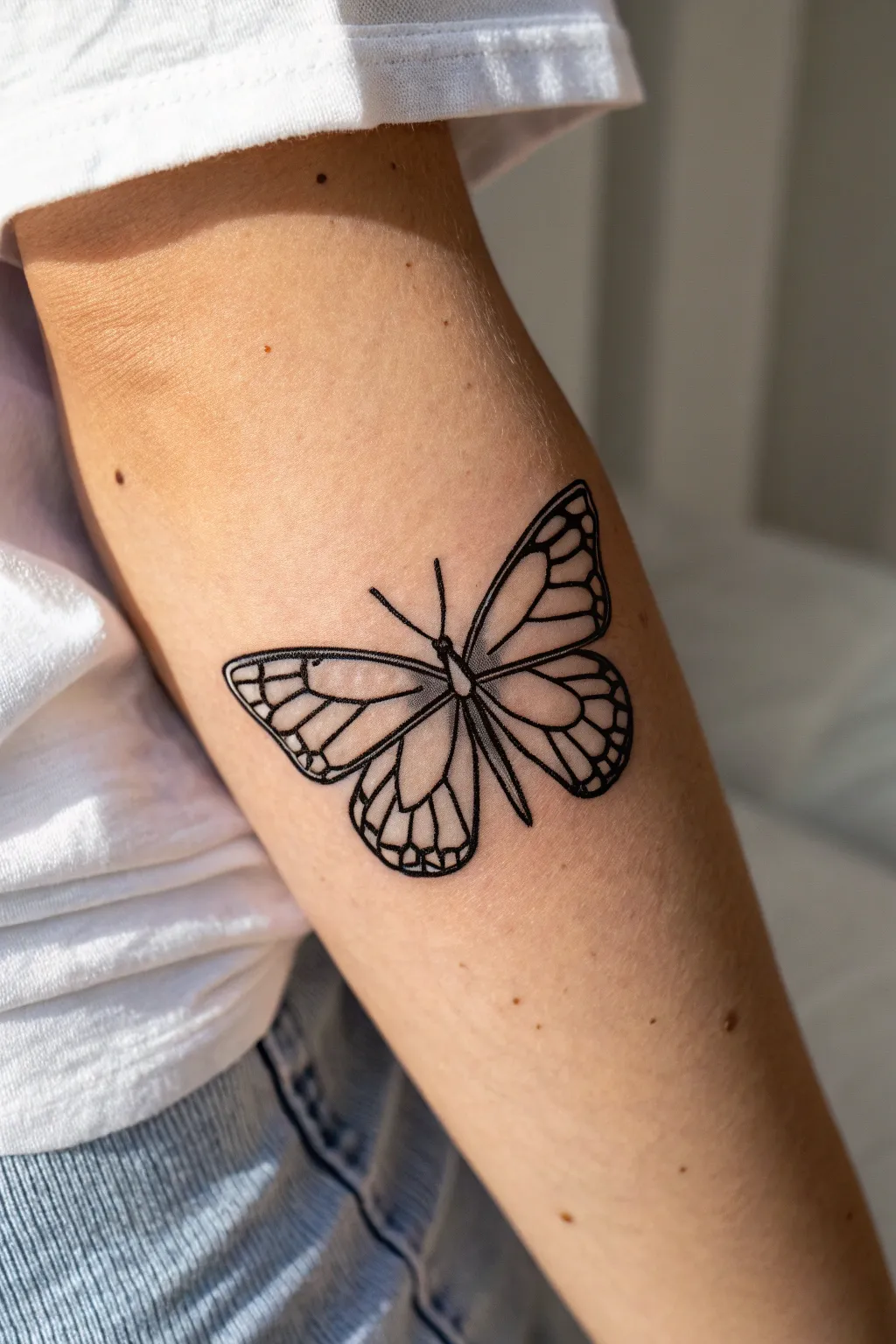 Tiny butterfly outline tattoo: airy, minimalist, and perfectly placed for subtle everyday charm.