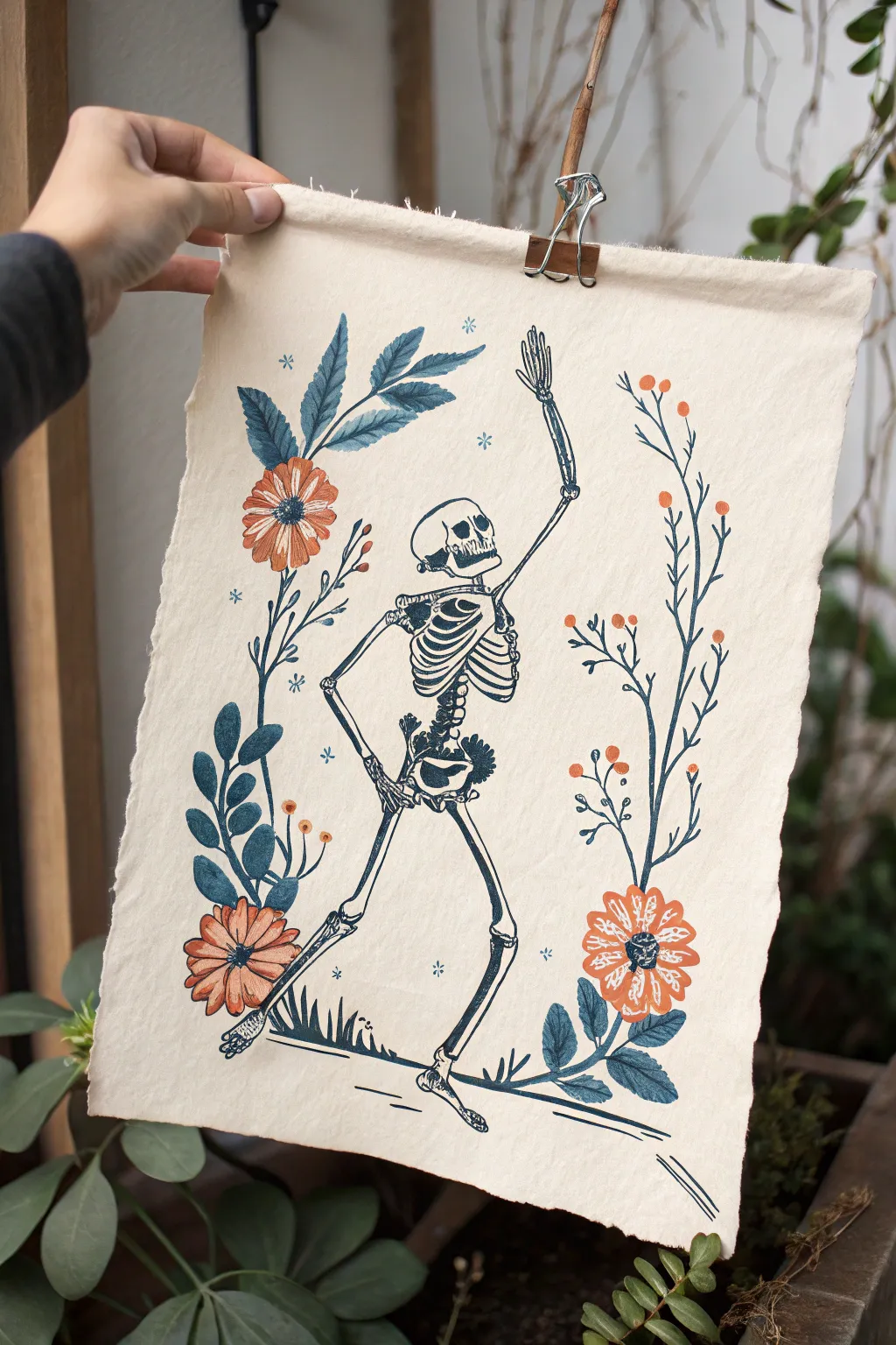 Dynamic dancing skeleton drawing idea with bold motion lines and minimalist boho color pops