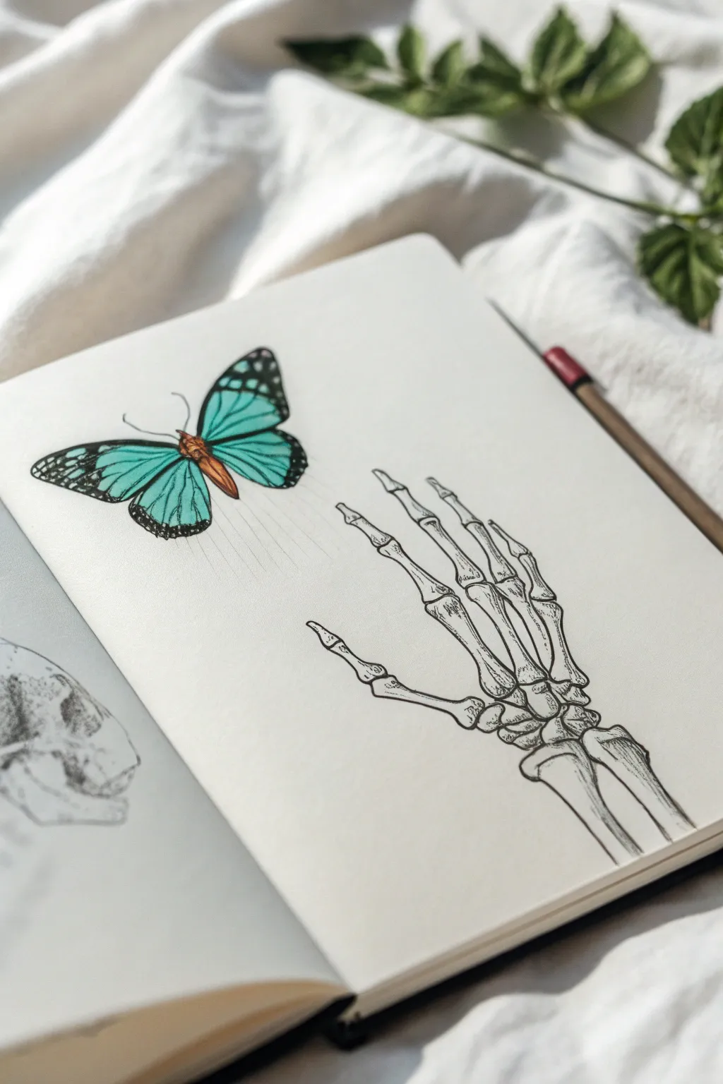 Airy skeleton hand sketch with a bold butterfly accent, minimal lines and lots of white space