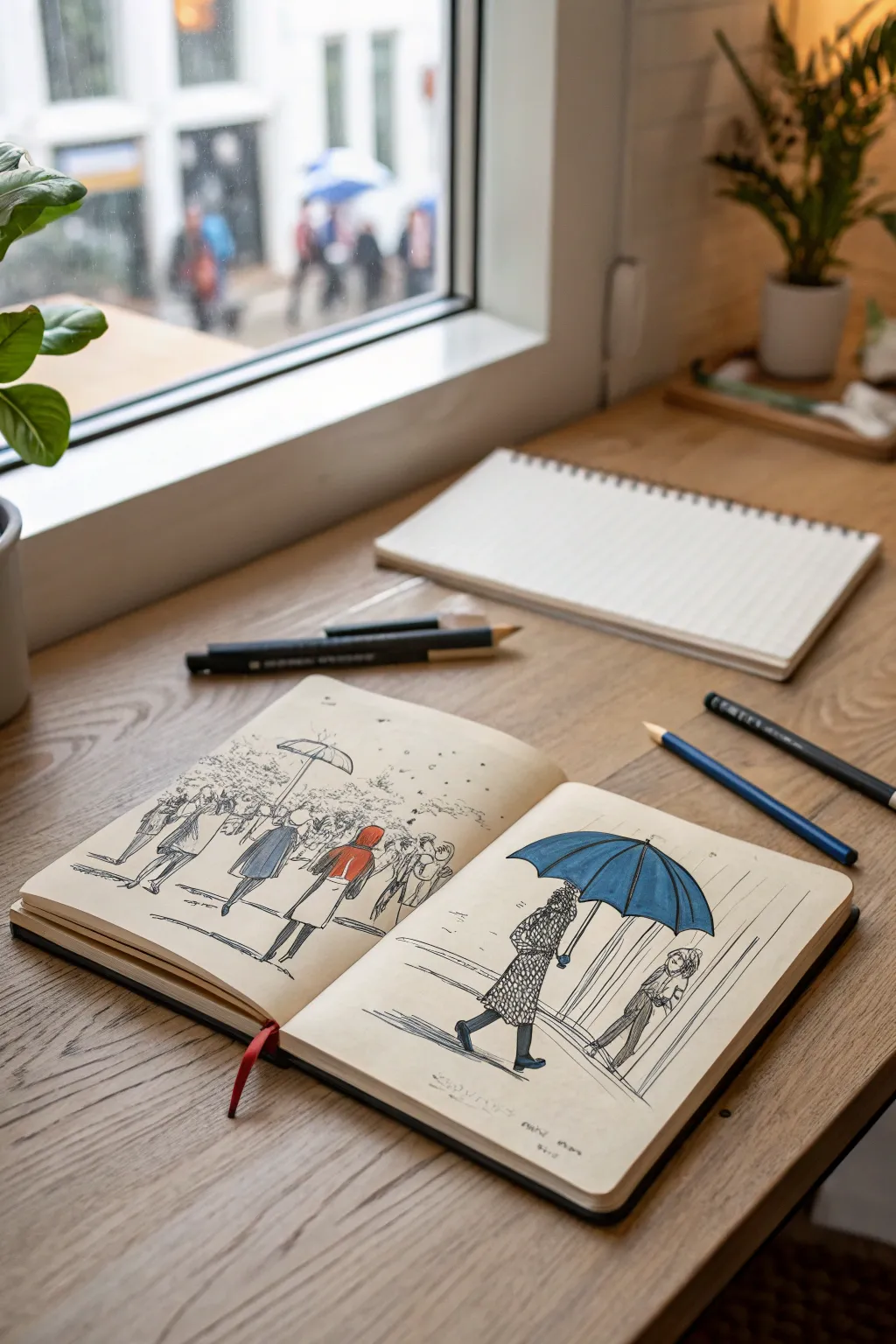 Urban crowd gesture sketching: fast umbrella figures in bold ink, minimalist and lively