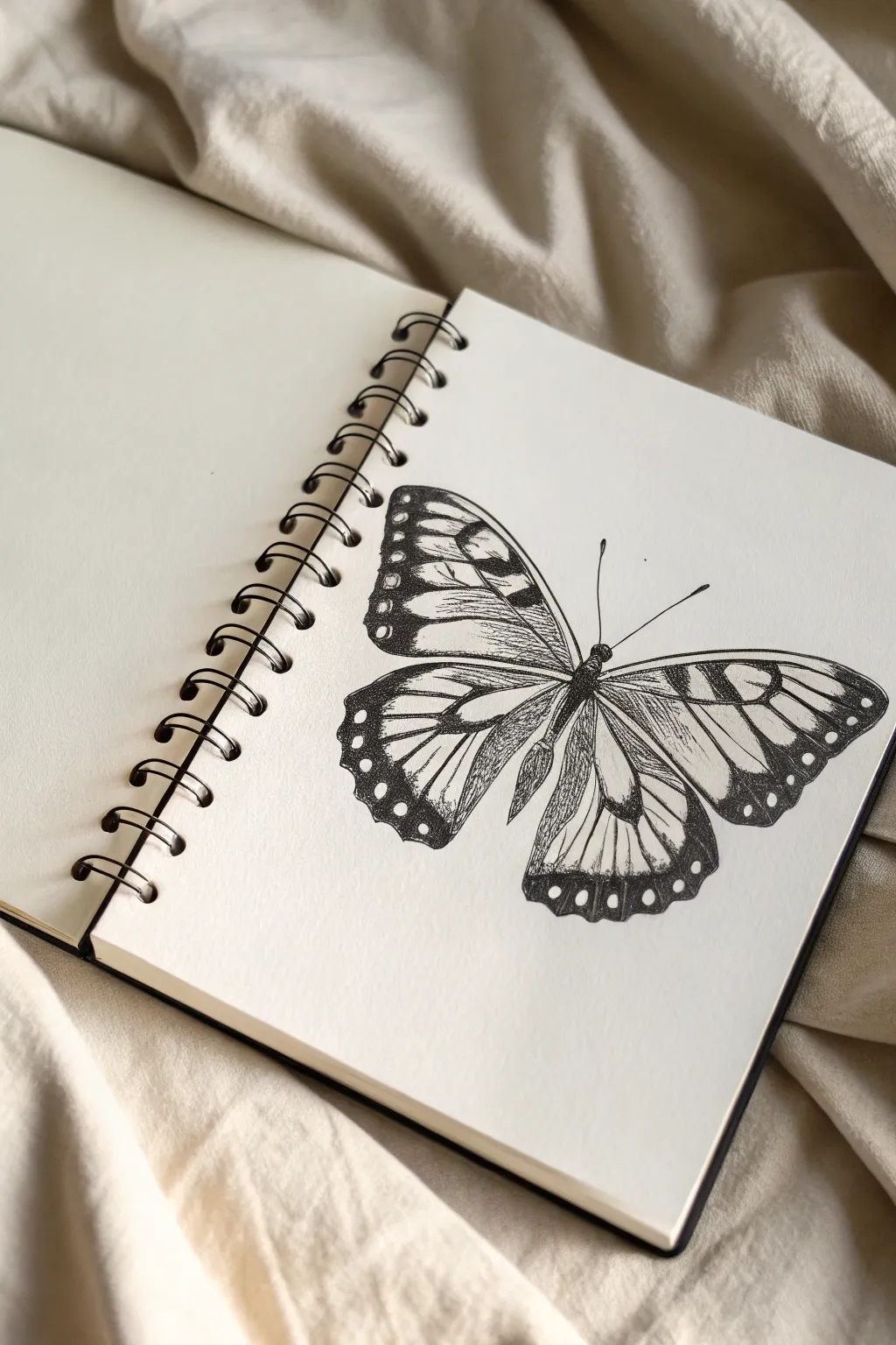 Butterfly symmetry sketch with mirrored wing patterns and bold shading for elegant practice