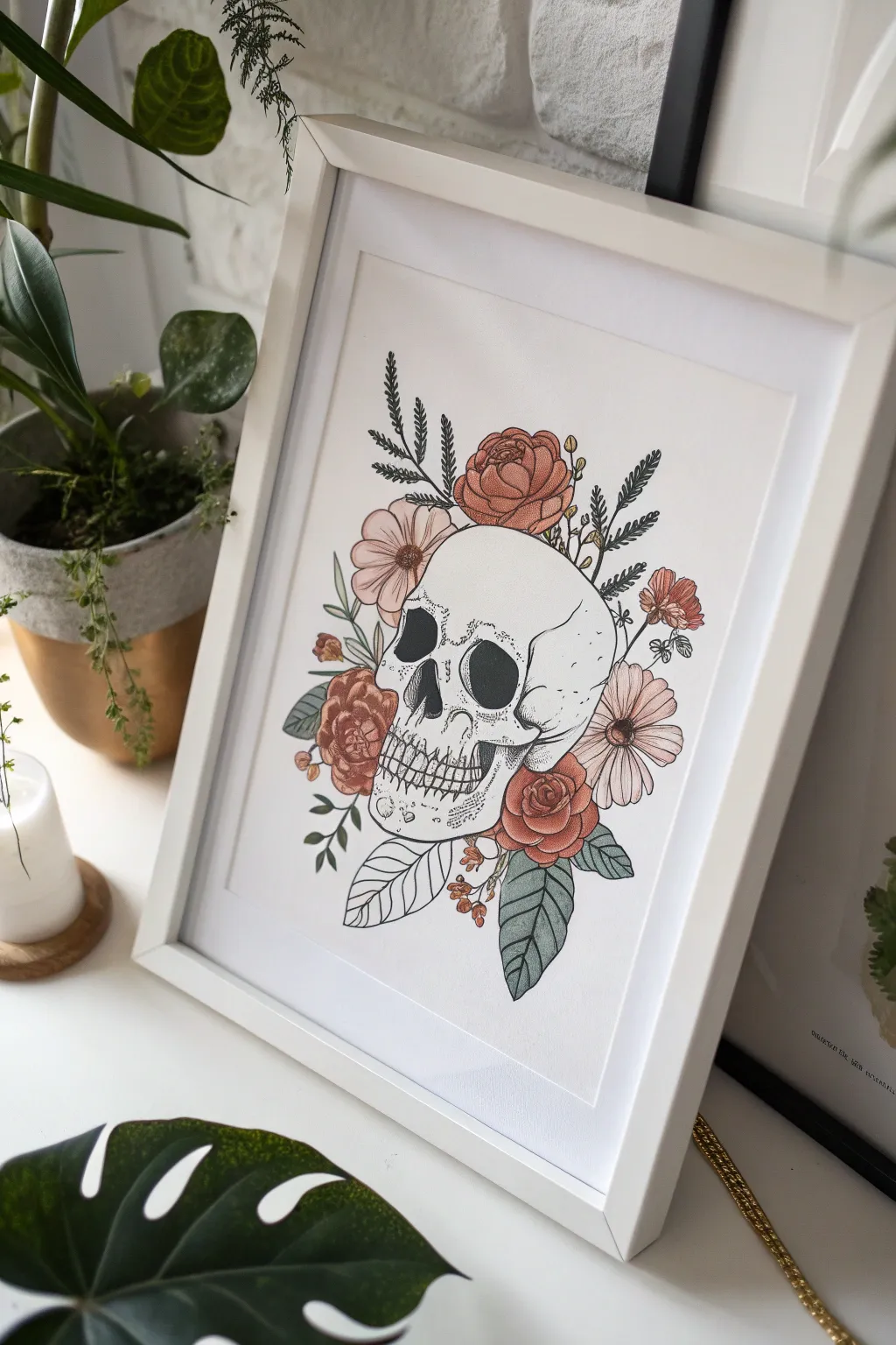 Minimal line art skull with delicate boho florals and bold color accents on clean white space