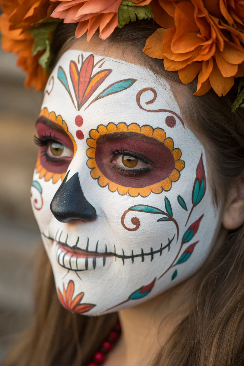 Festive floral skull face paint with warm marigold petals and crisp bone details, Pinterest-ready