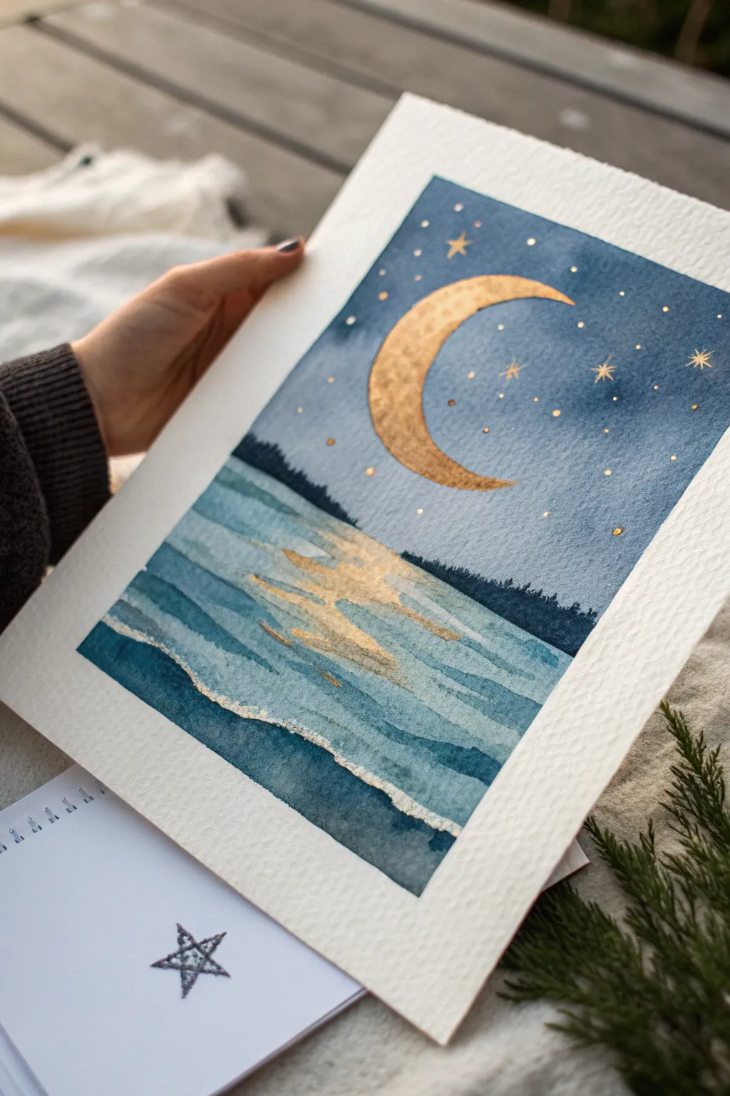 Crescent moon over an indigo wash, minimal stars and a tiny silhouette for calm sky art