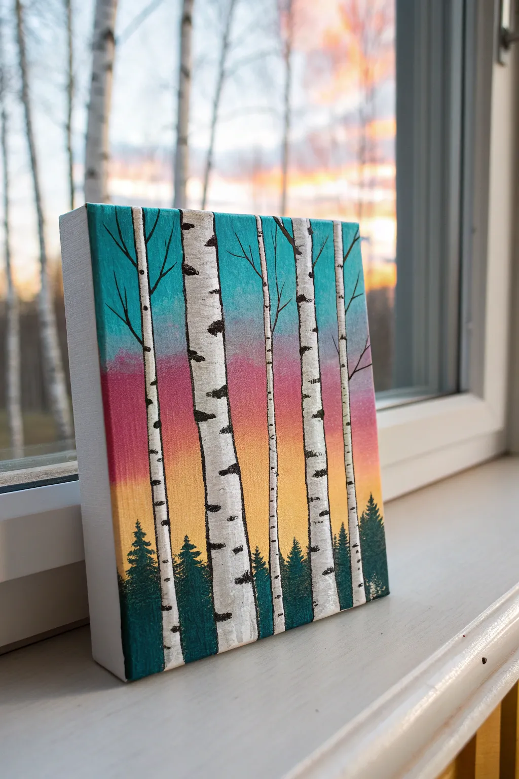 Tiny birch trunks on a mini canvas with a vivid sunset sky, minimalist boho vibes.