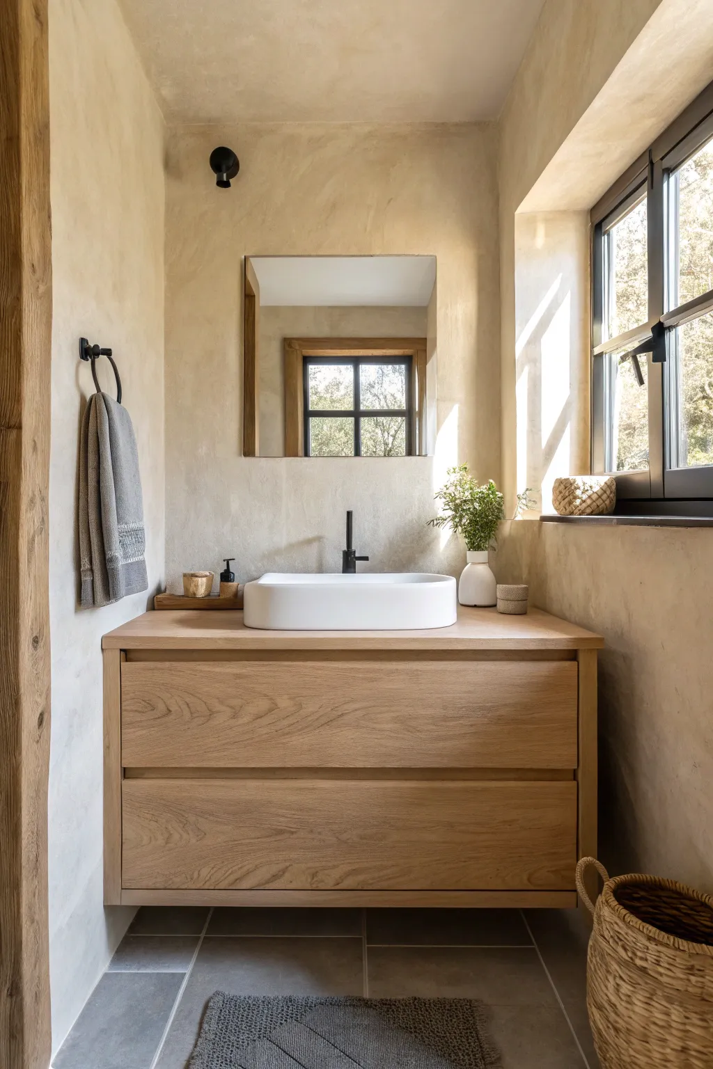 Creamy beige with a soft glow turns a small bathroom into a warm, airy, spa-like retreat.