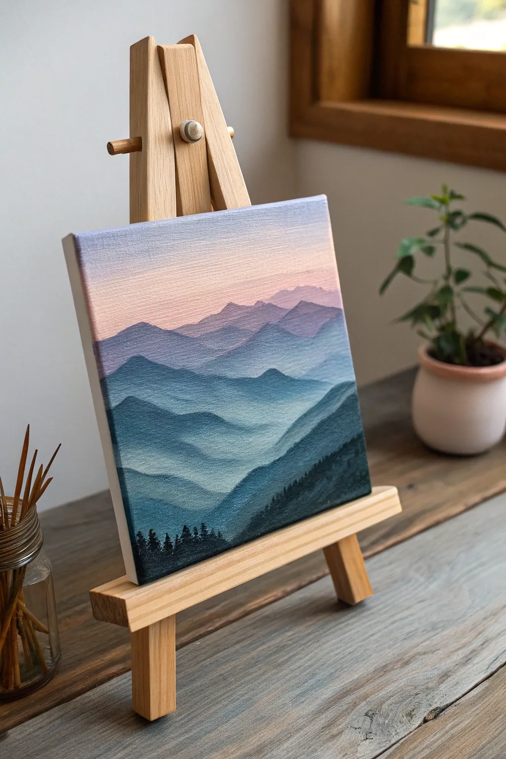 Tiny misty mountains on a mini canvas, layered silhouettes and bold muted color in a calm mood.