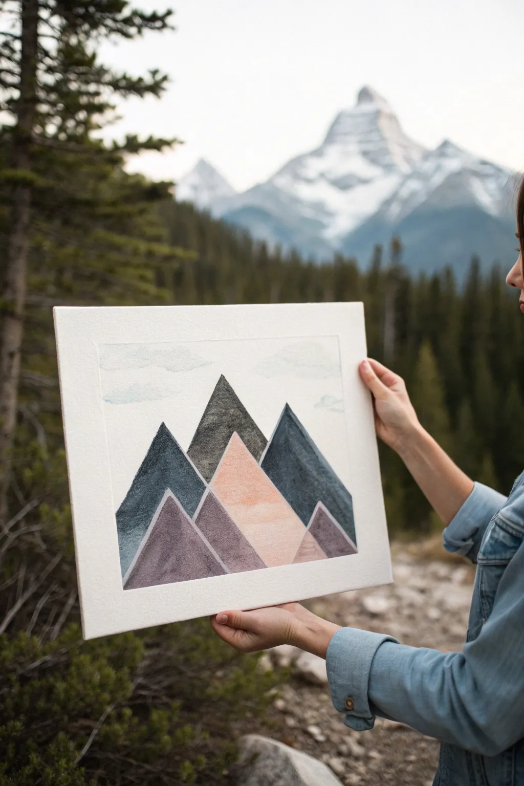 Simple layered mountain triangles with a tiny snowcap for an easy, modern mini painting.