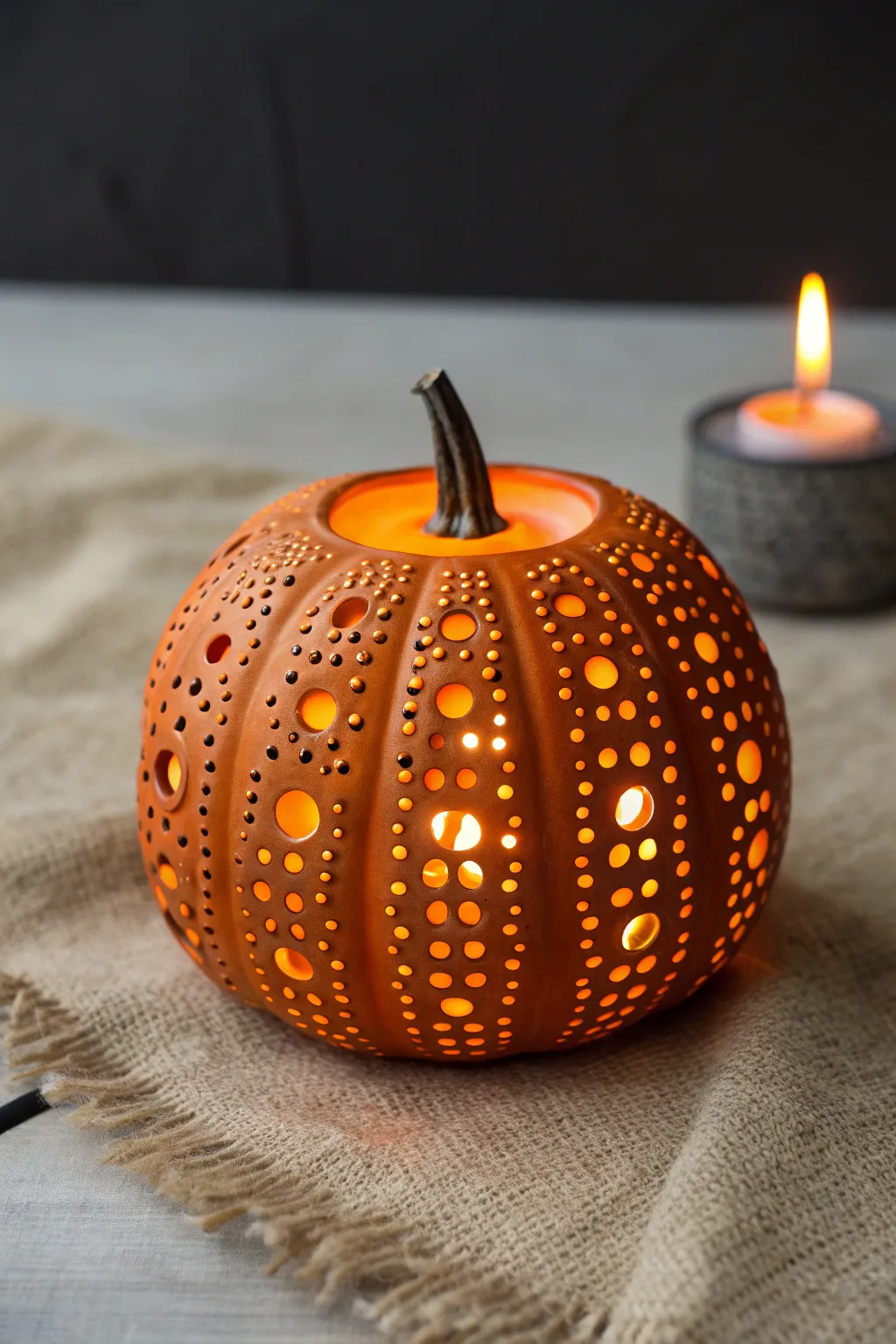 Tiny hole-punched pumpkin lantern glowing like a little galaxy, minimal and cozy for fall nights