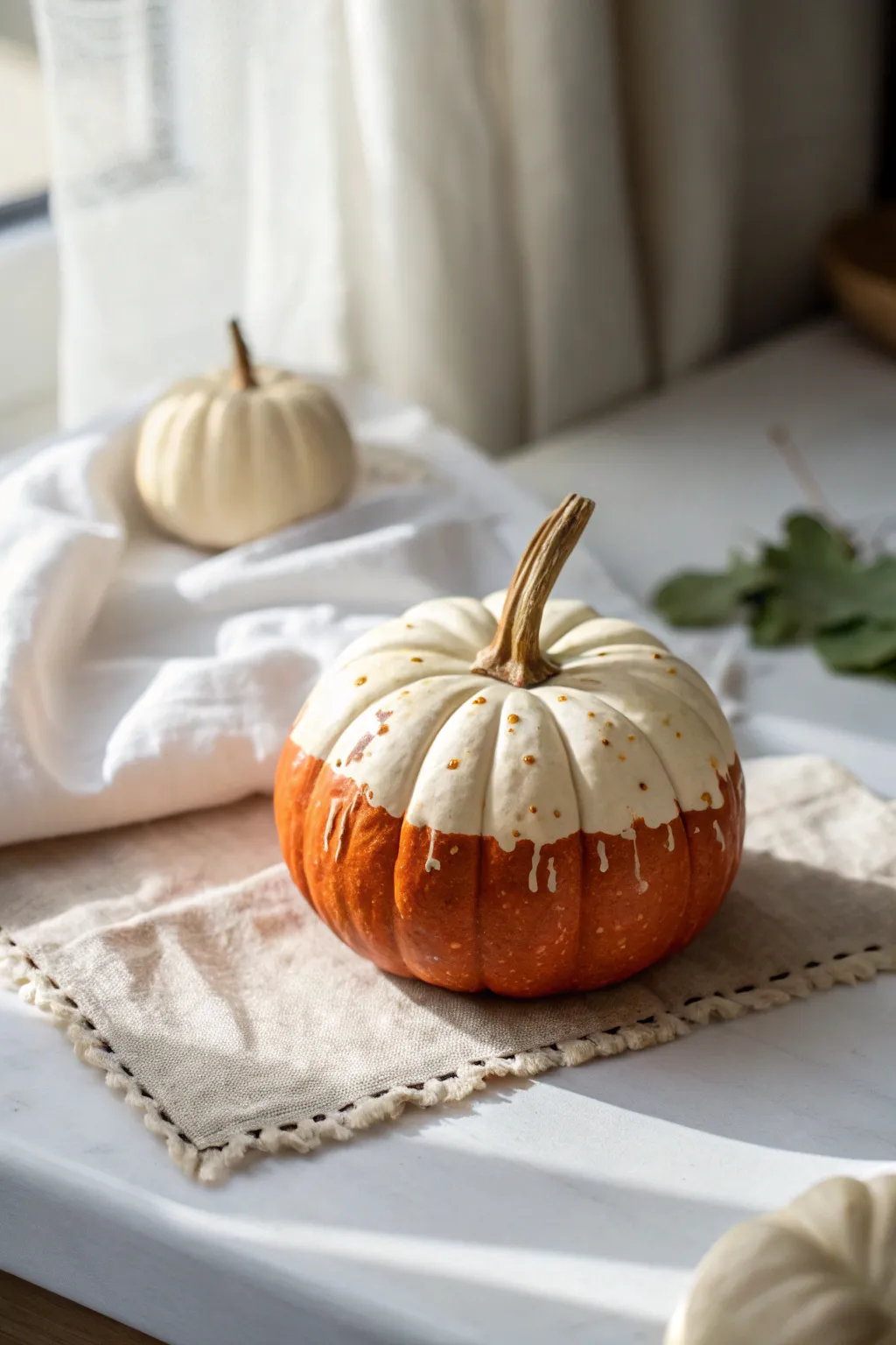 Color-dipped mini pumpkin in cream and terracotta for a chic Scandinavian-boho fall accent