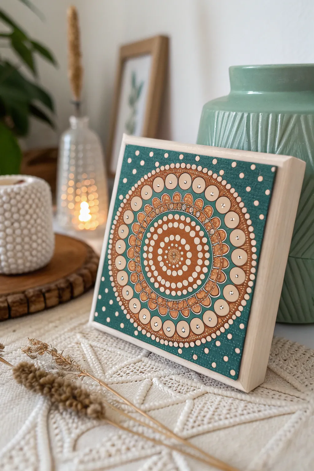 Centered mandala dot art on a tiny square canvas, minimalist palette with bold contrast