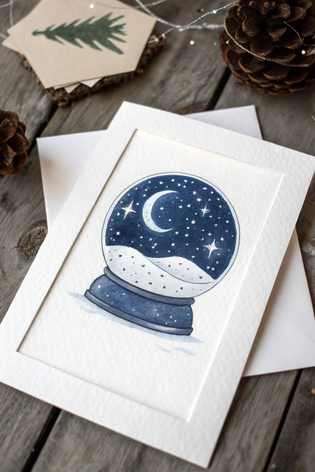 Night sky snow globe drawing idea with twinkling stars, falling snow, bold contrast