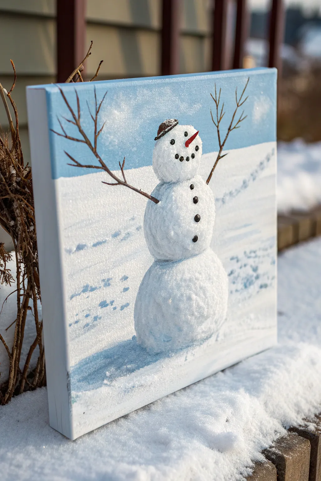 Minimalist snowman painting with raised twig arms and snowy texture, perfect for winter decor.