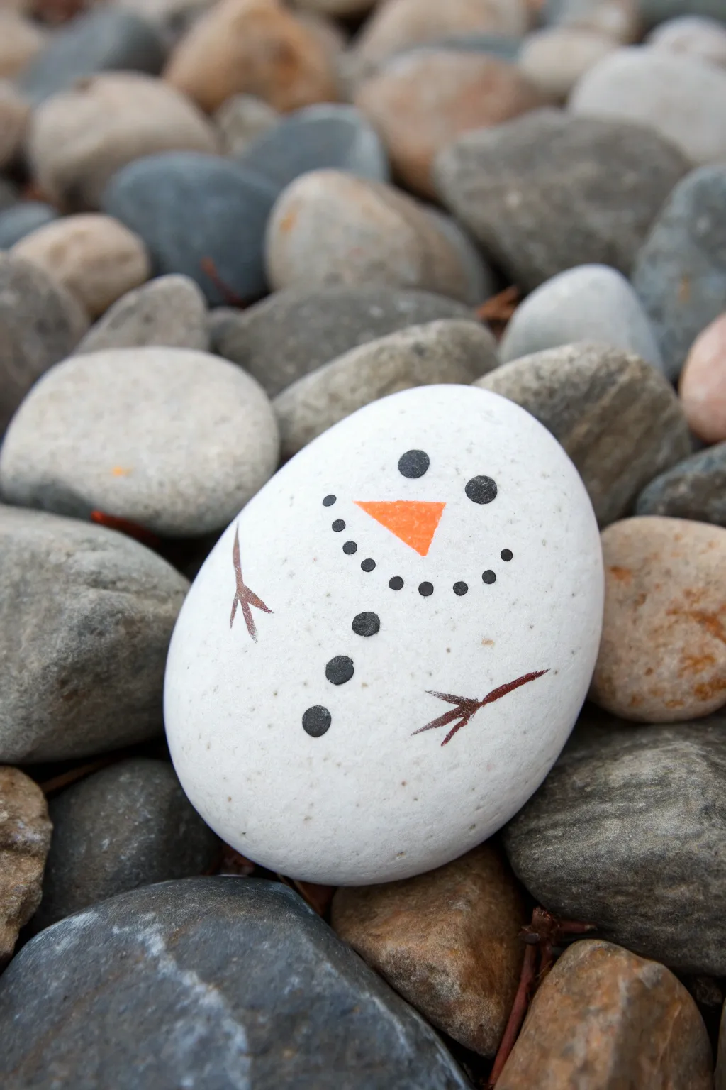 Minimalist snowman rock with crisp coal dots and a bold carrot nose on a clean white base