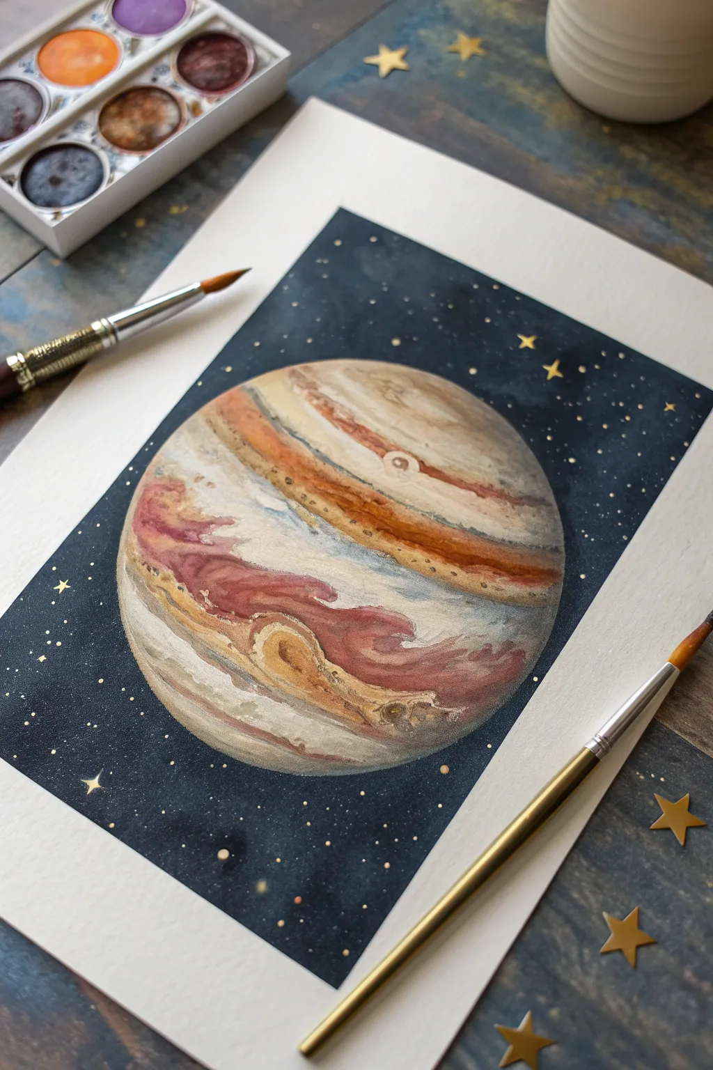 Jupiter close-up painting idea with swirling bands and a bold Great Red Spot in striking contrast