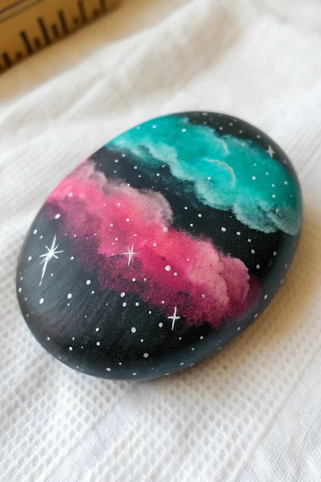 Bright nebula rock: pink and teal clouds on black with smoky edges and a few bold star points.