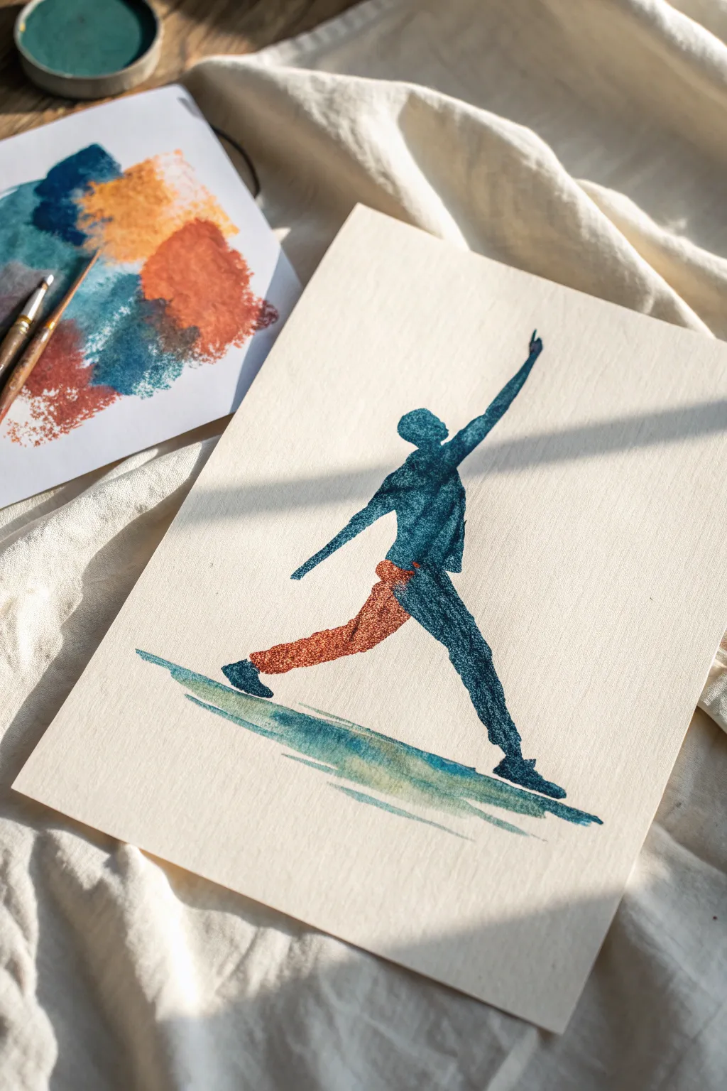 Paint-only gesture figure: bold shape masses, quick movement, Scandinavian minimalism with boho color