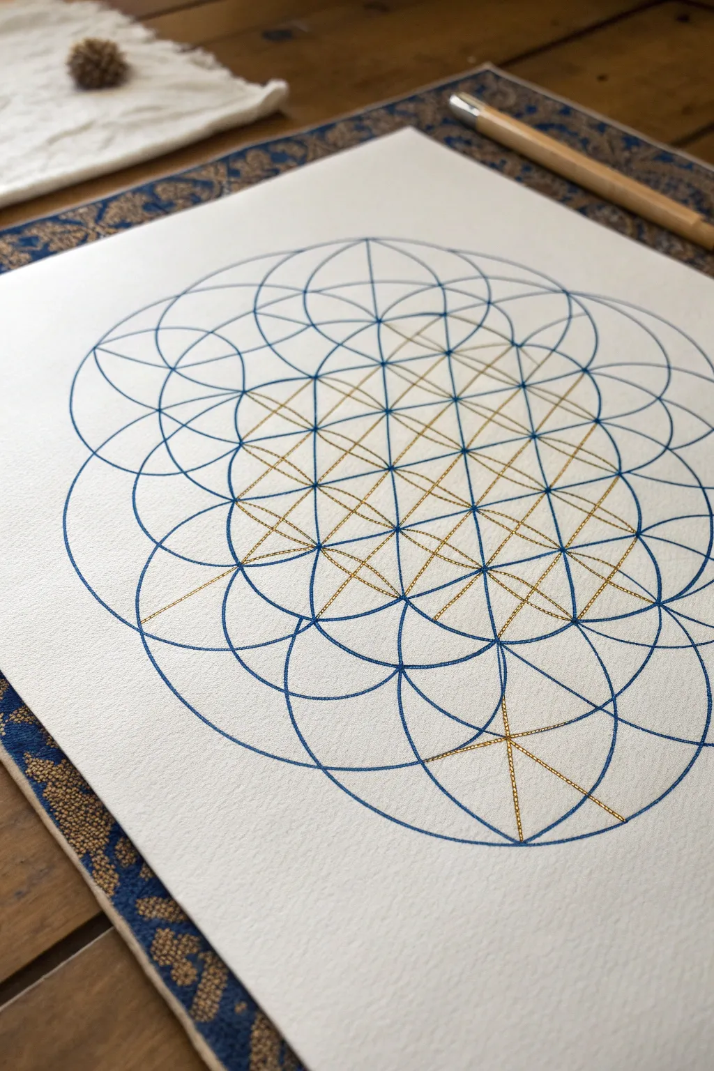Indigo sacred geometry with a soft gold stipple glow, clean lines and minimalist boho serenity