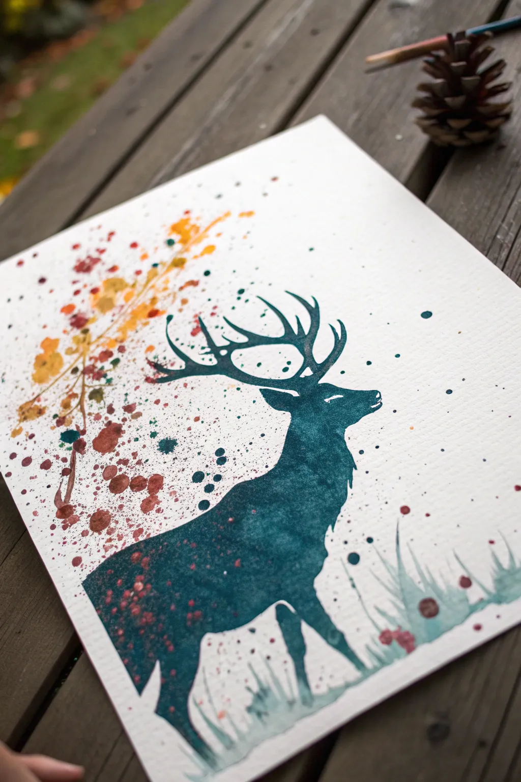 Clean deer silhouette in bright negative space, framed by bold splatter for modern drama