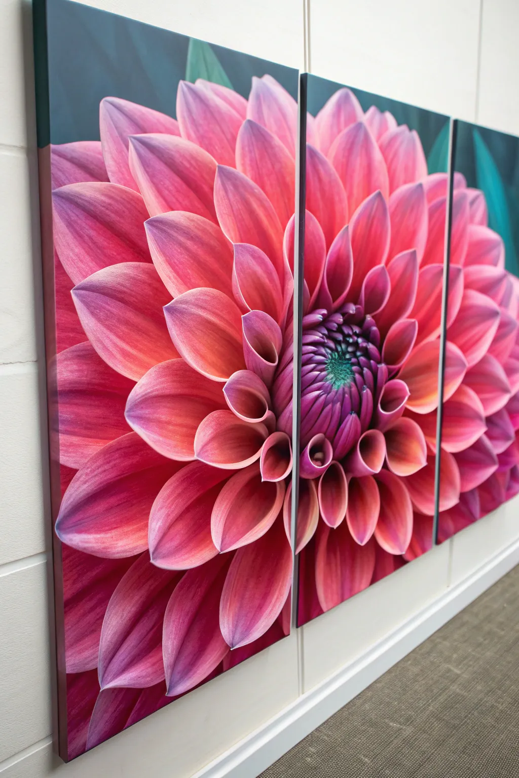 A bold giant flower triptych where petals flow across panels, center kept perfectly intact.