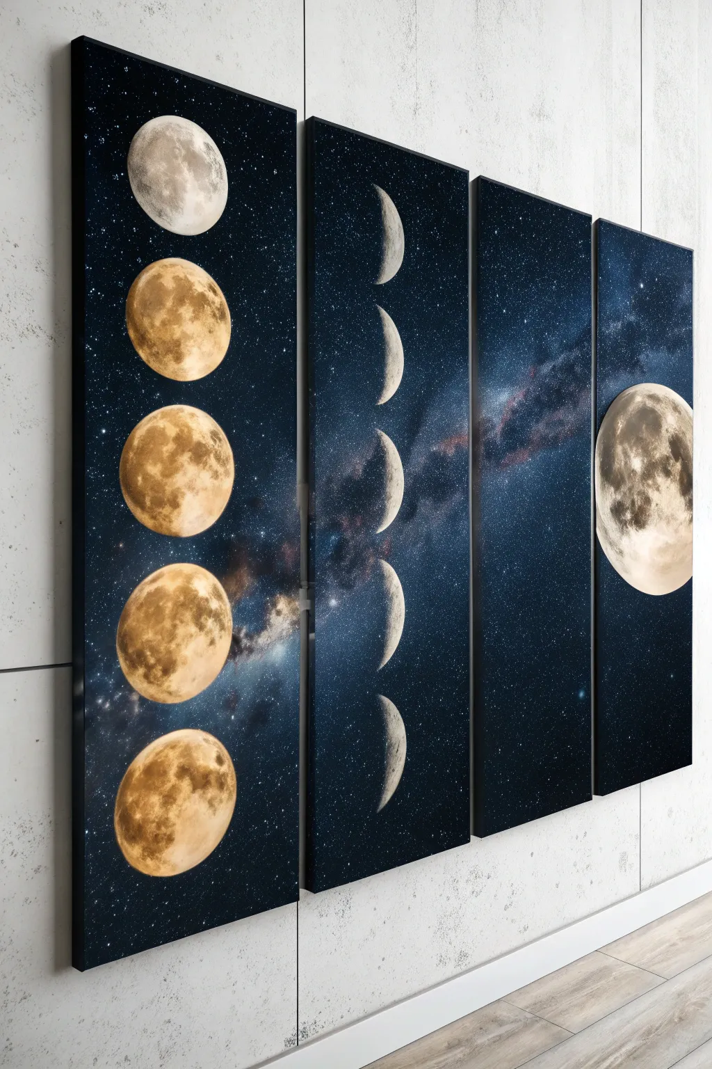 Minimalist split canvas moon phases, bold midnight blues and warm gold accents, perfectly aligned.