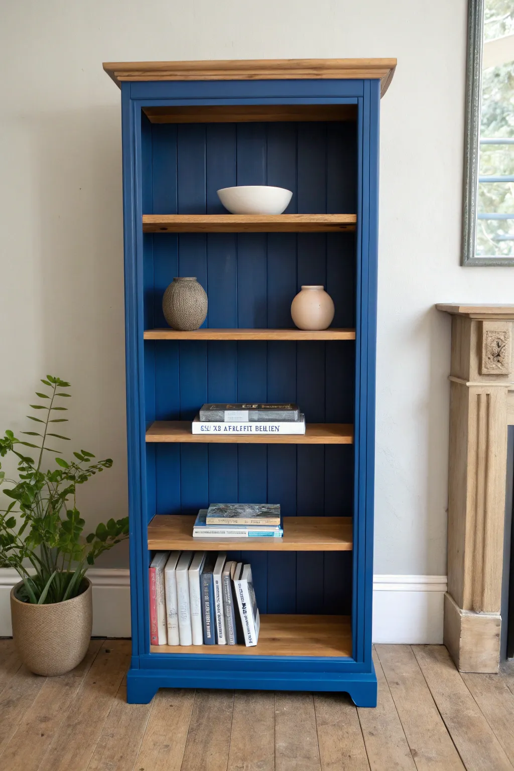 Neutral bookcase, bold back panel color pop, and simple ceramics for instant styled contrast.