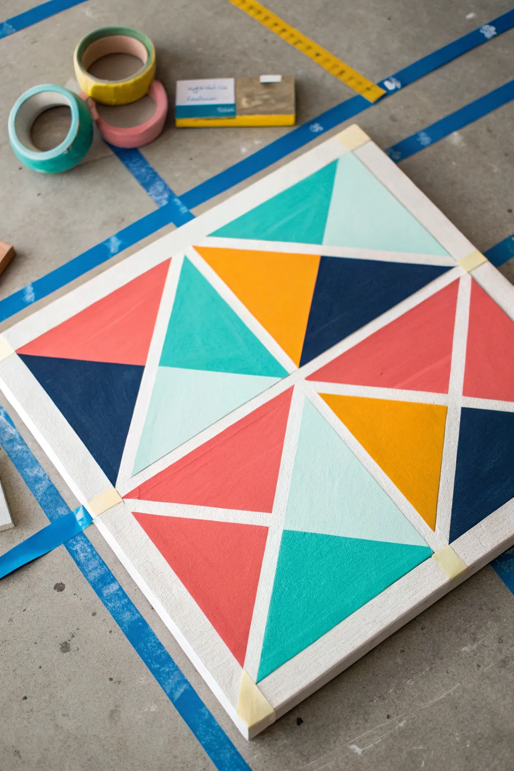 Geometric tape lines and bold spray color blocks with a satisfying peel reveal and crisp edges