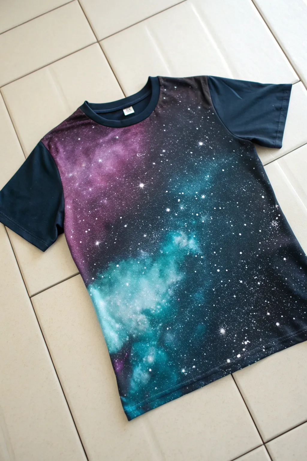 All-over galaxy nebula spray-paint tee idea with bold color pops and starry speckles