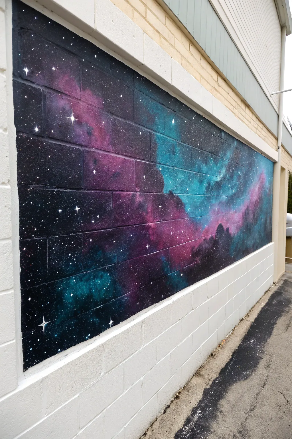 Moody spray paint galaxy nebula panel with bold color mist and star-speckled contrast.