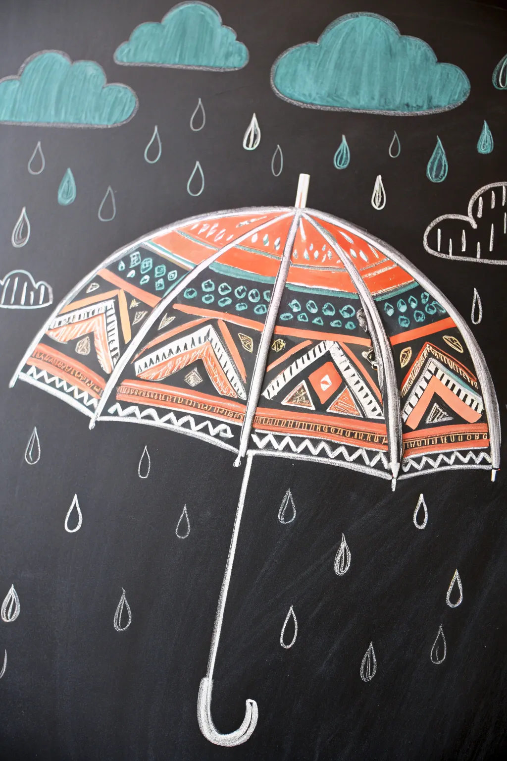 April chalk umbrella art with playful raindrops, bold color pops, and a clean minimal vibe