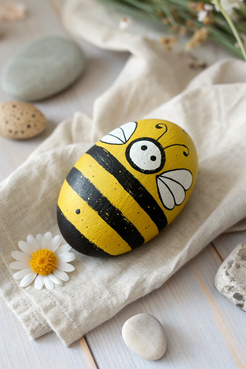 Chunky bee rock with sunny stripes and crisp white wings for a cheerful spring craft moment.