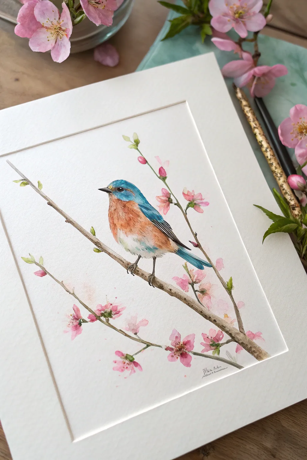 Songbird on a flowering twig: a simple spring watercolor with soft washes and bold contrast