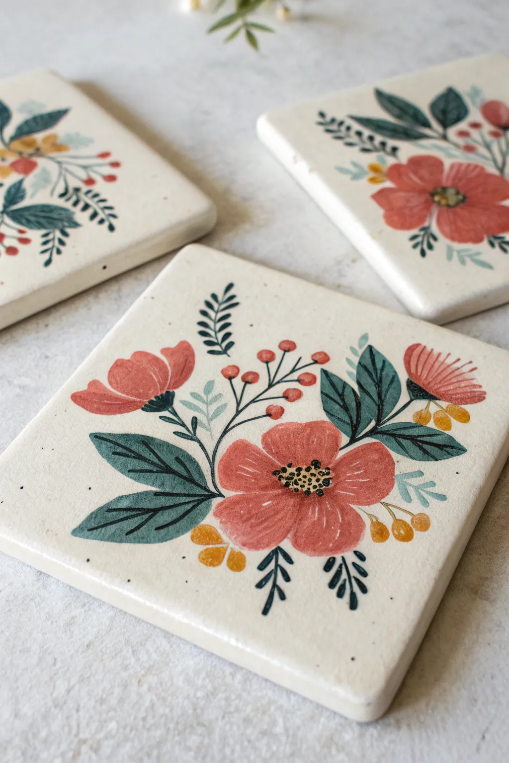 Loose floral diagonal coaster art in bold boho hues, minimalist Scandinavian styling, high contrast