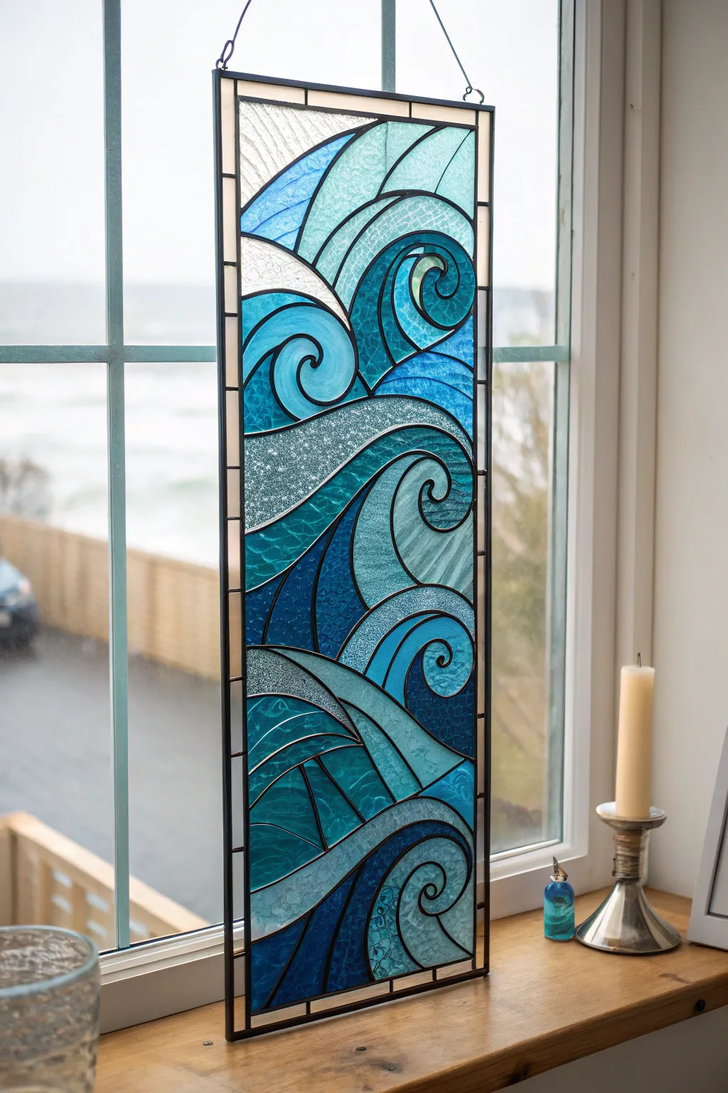 Ocean-wave stained glass with bold black outlines and glowing layered blues and teals